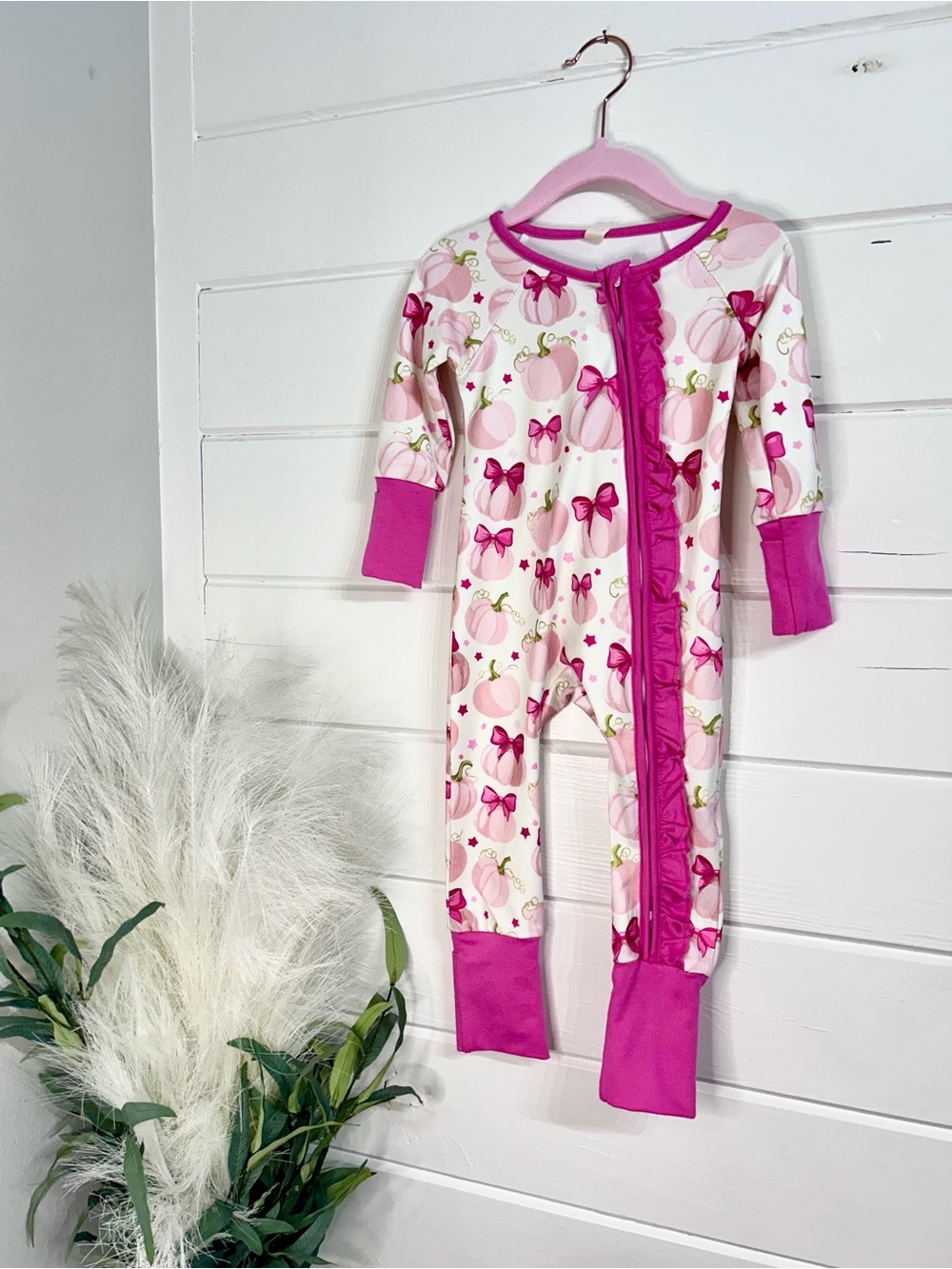 Girls Pink Pumpkin Bow Print Zip Front Pajamas